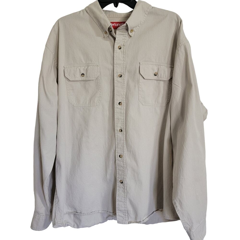 Wrangler Button Up Mens Shirt Long Sleeve Collared Beige 2XL 100% Cotton
